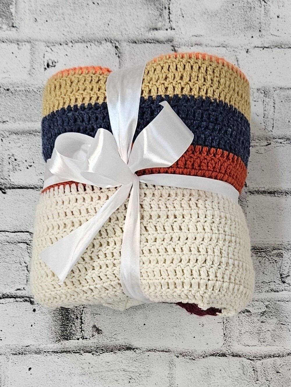 Handmade Crochet Afghan Throw Blanket Multicolor Striped Retro 58x45